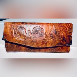 Egyptian Camel Leather Women Brown Wallet Purse Silver Embossed Pyramid Design